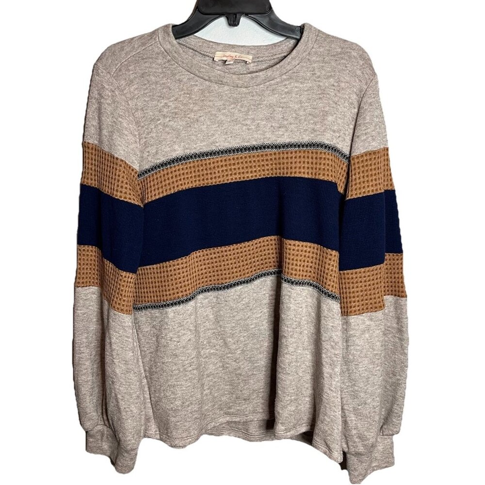 Hailey & Co Sweater Brown Blue Soft Waffle Design Ballon Sleeves Sz L